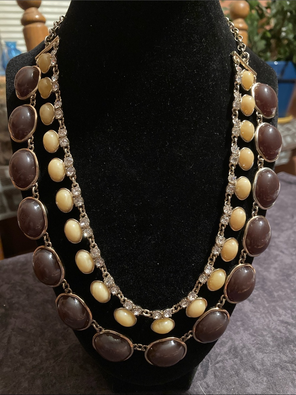 Women's Two-Tone Brown & Cream Double Cabochon Rhinestone Necklace
